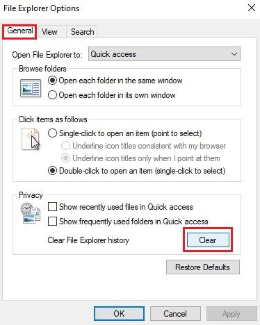 Clear File Explorer history